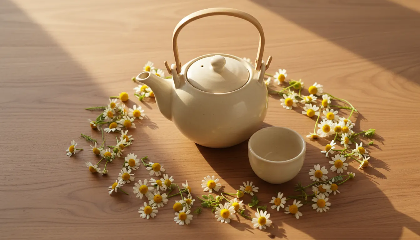 Tetera de cerámica clara con flores de manzanilla amarillas y blancas frescas alrededor en mesa de madera