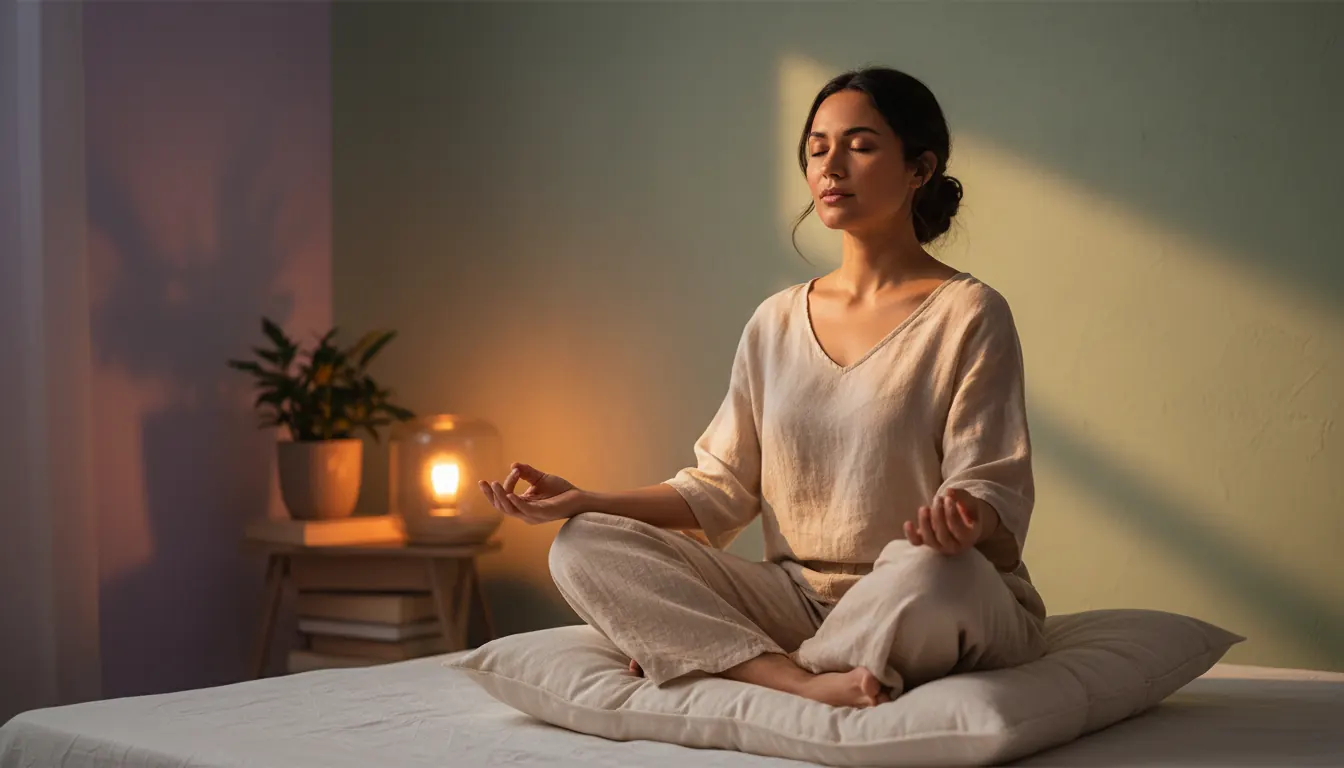 Persona en meditación nocturna con luz cálida tenue, ojos cerrados, postura relajada