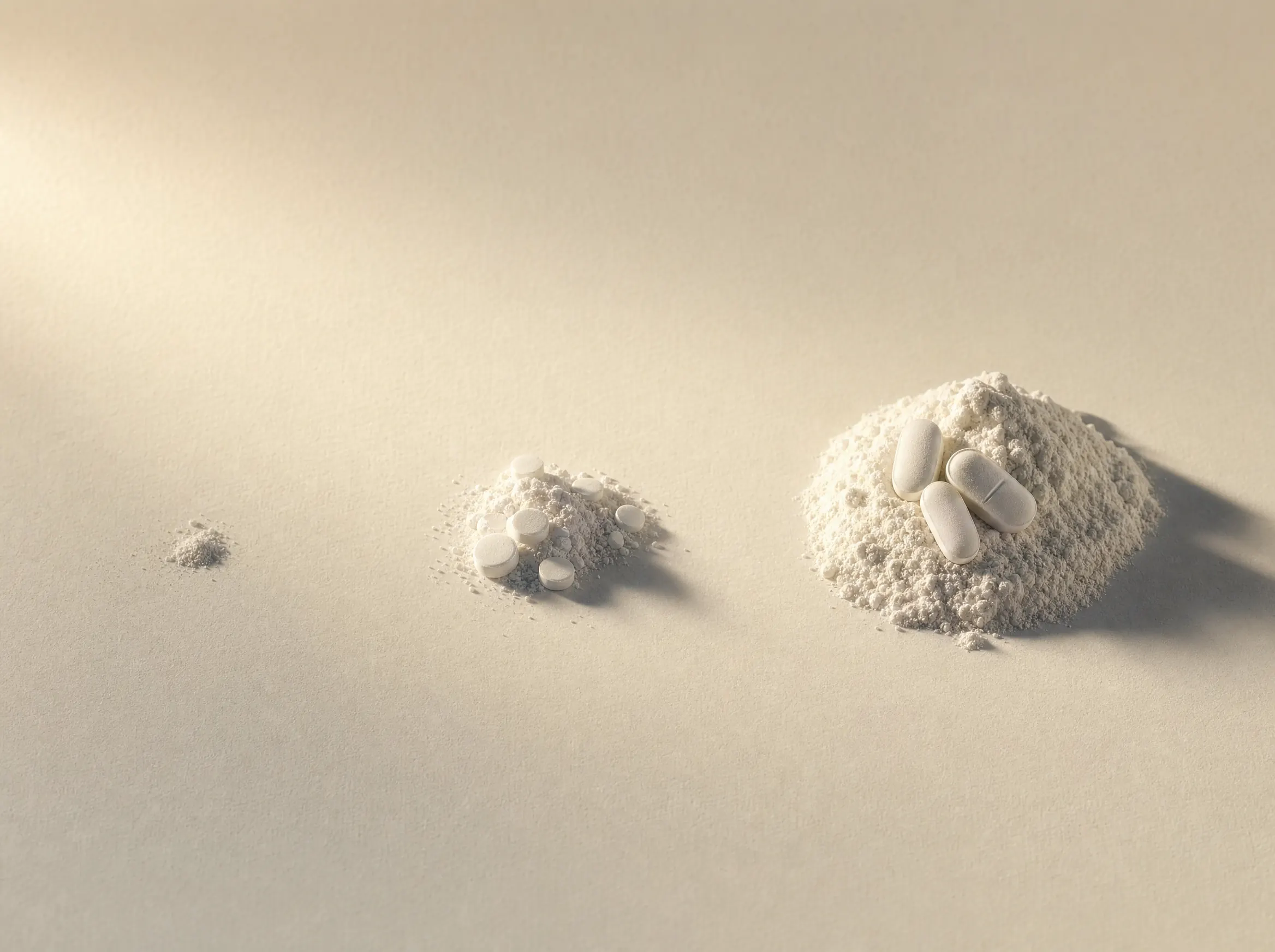 Tres montones de polvo y tabletas de tamaño creciente sobre papel color crema, de una pizca mínima a un montón grande