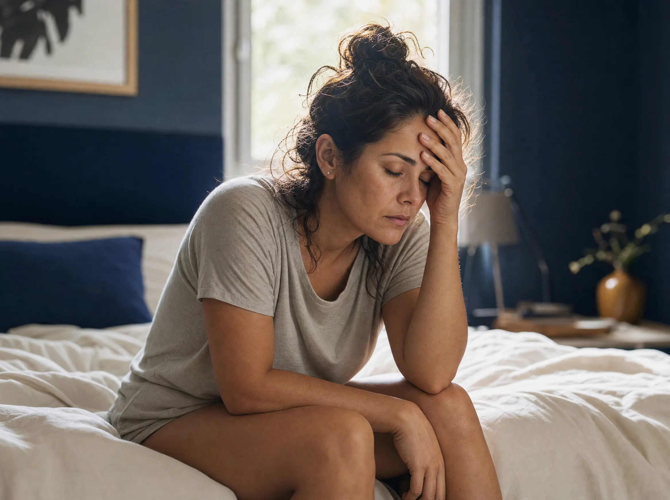 Mujer latinoamericana sentada al borde de la cama al despertar, con una mano en la frente y los ojos cerrados