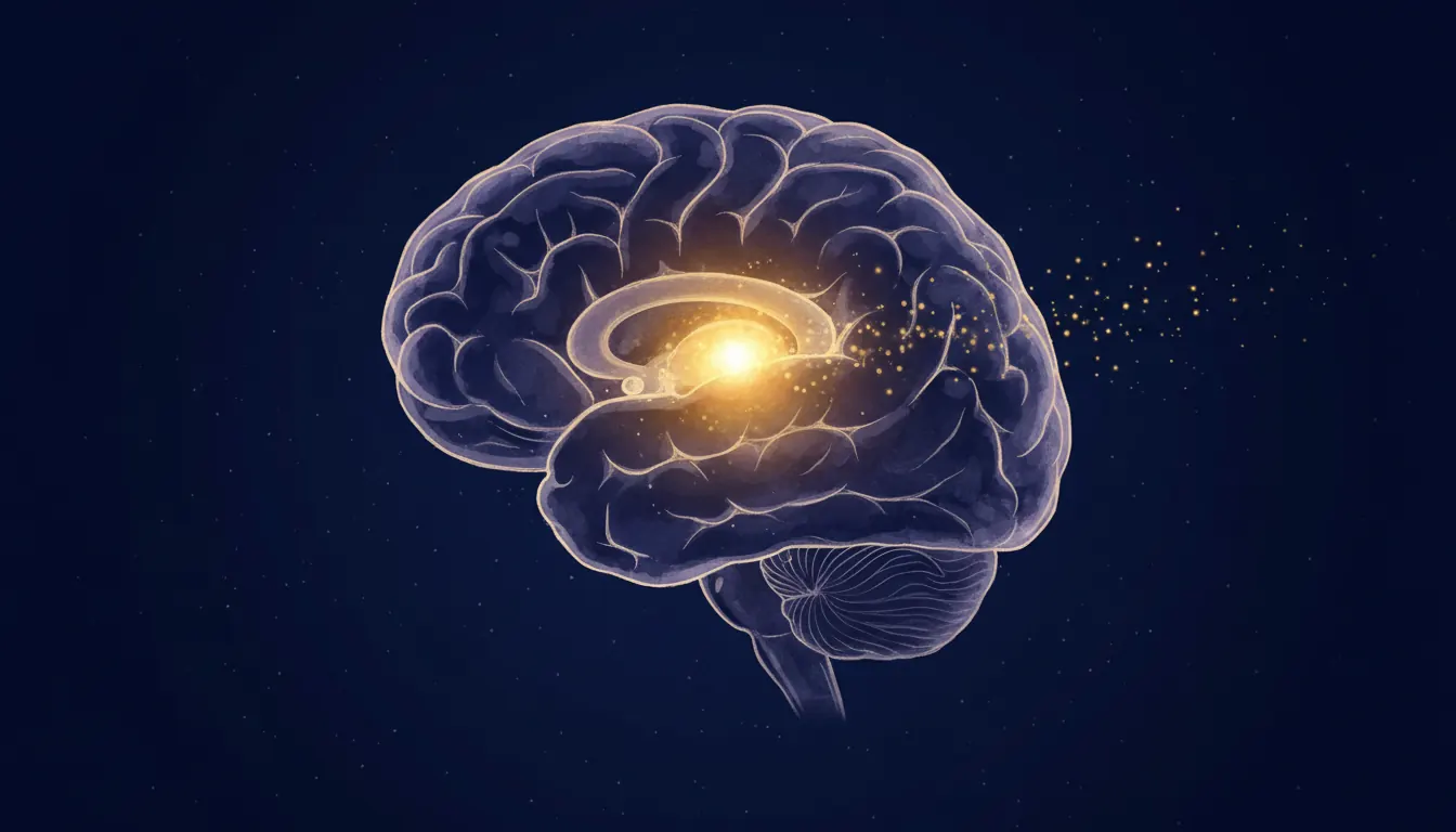 Diagrama editorial del cerebro con la glándula pineal iluminada en tonos cálidos