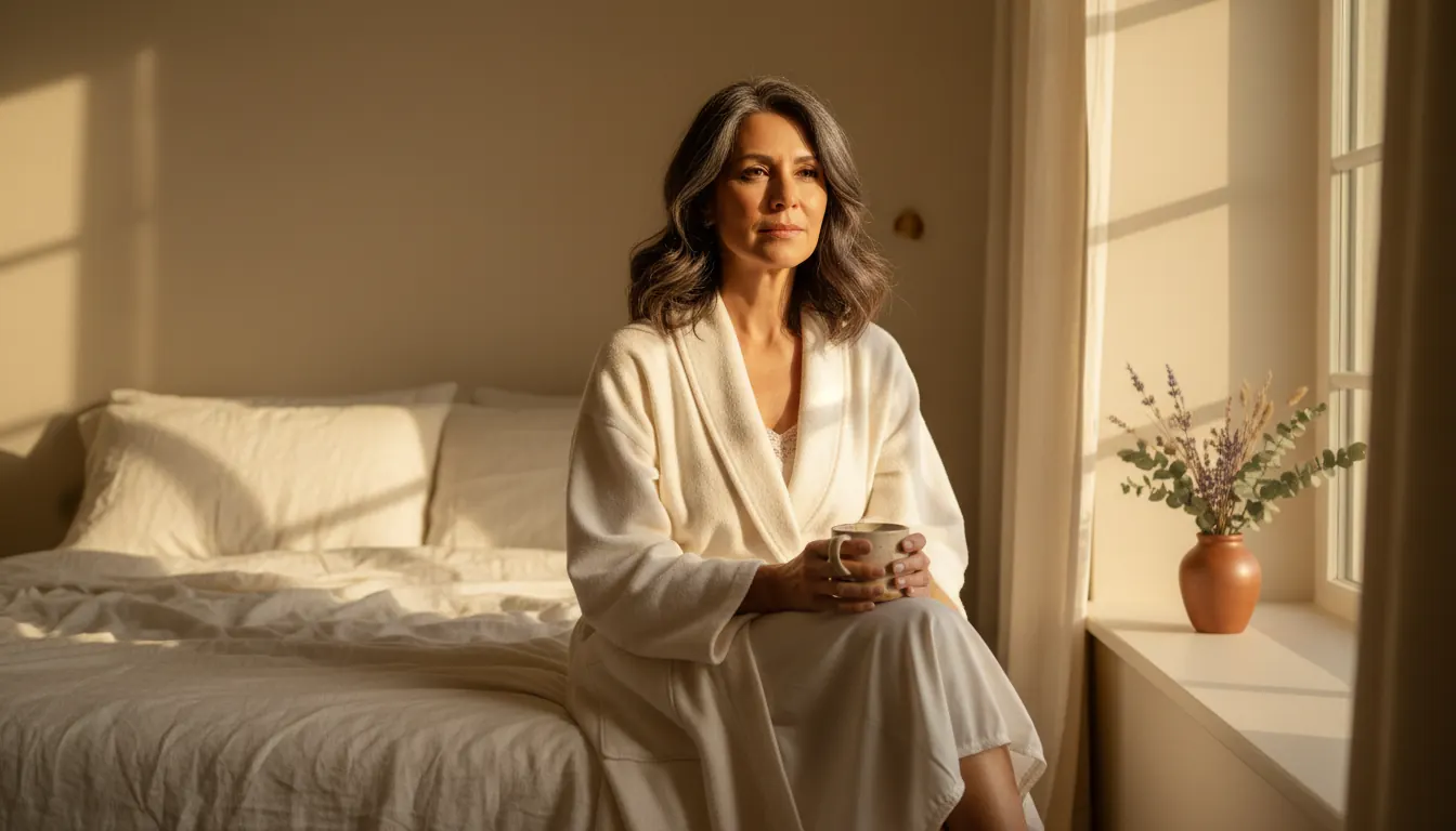 Mujer madura sentada cerca de una ventana al amanecer en un cuarto luminoso de tonos cálidos