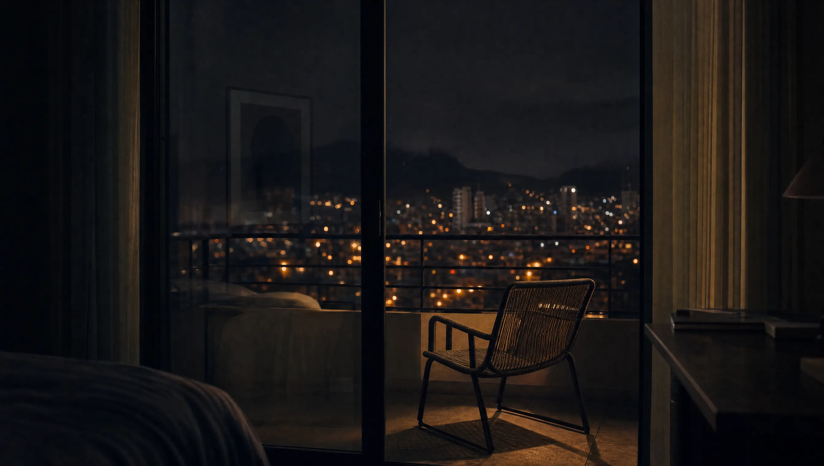Balcón nocturno con una silla vacía y luz ámbar de ciudad al fondo, visto a través del vidrio