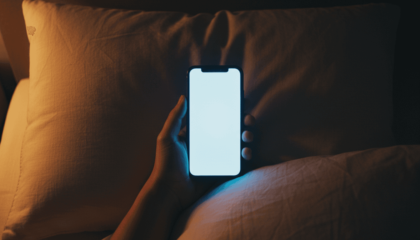 Mano sosteniendo un celular iluminado en penumbra nocturna sobre cama