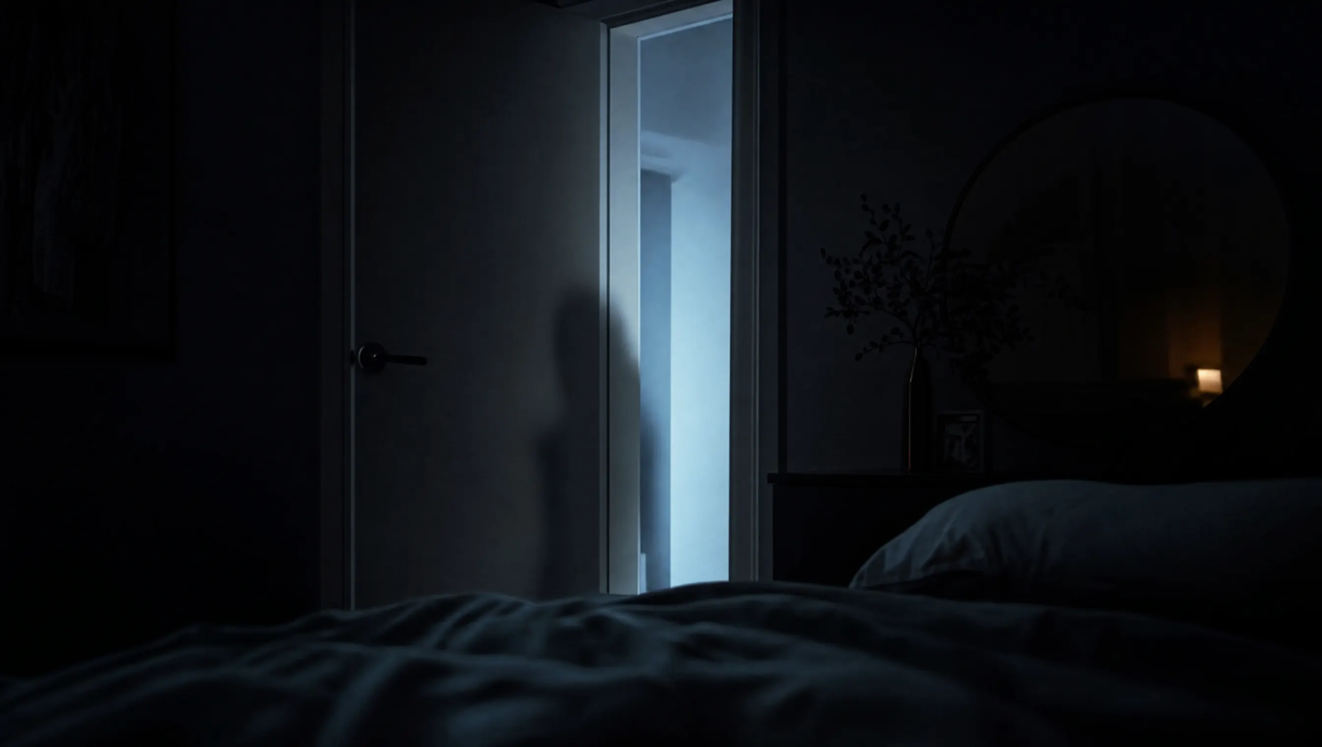 Cuarto en penumbra azulada visto desde la cama, con la puerta entreabierta y una sombra difusa en el marco