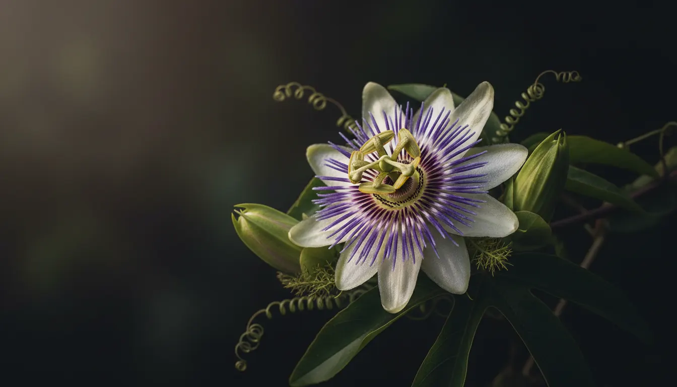 Flor de pasiflora morada y blanca con detalles intrincados sobre fondo oscuro de bosque