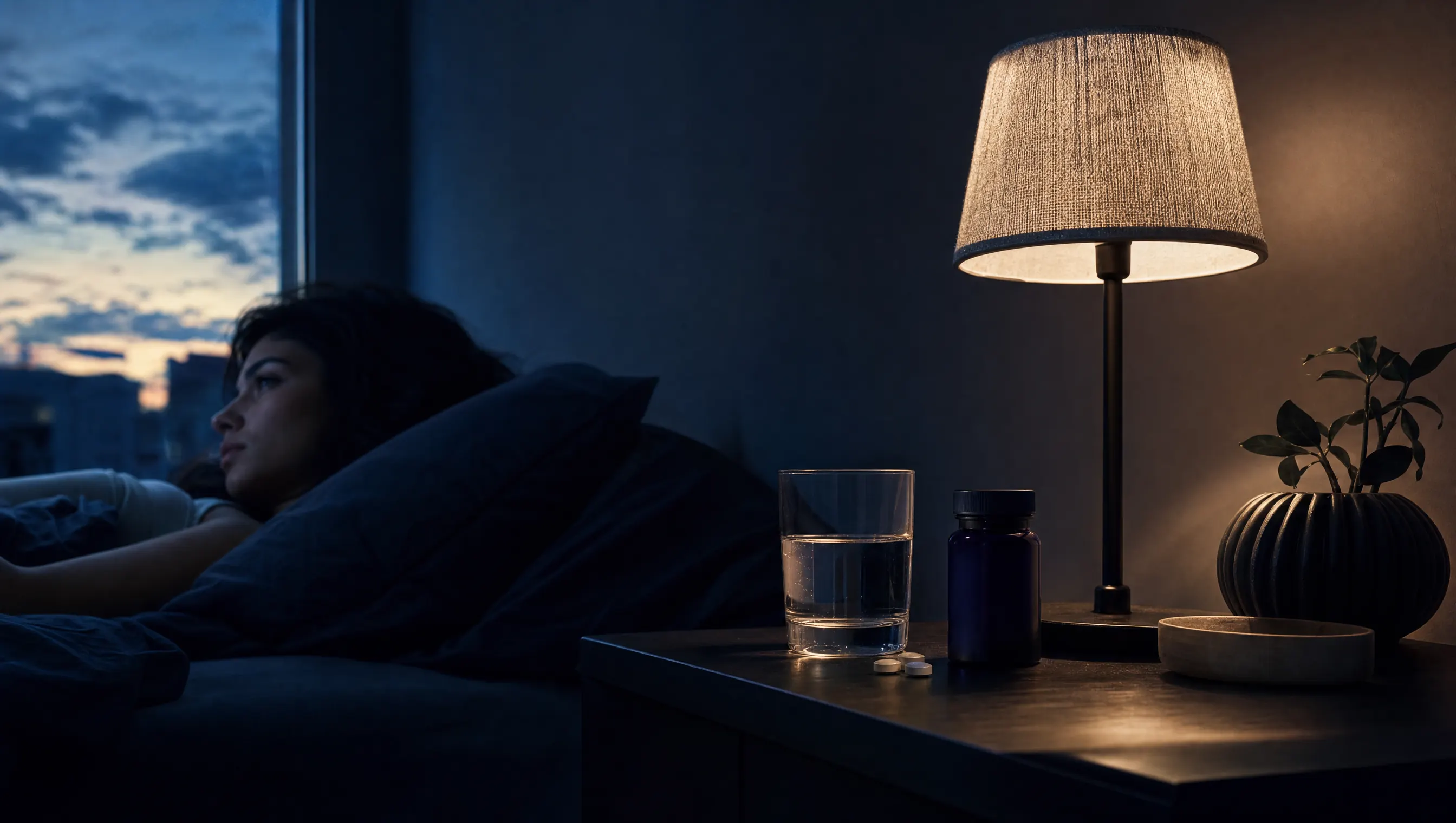 Blíster de pastillas a medio usar sobre una mesa de noche oscura junto a un vaso de agua