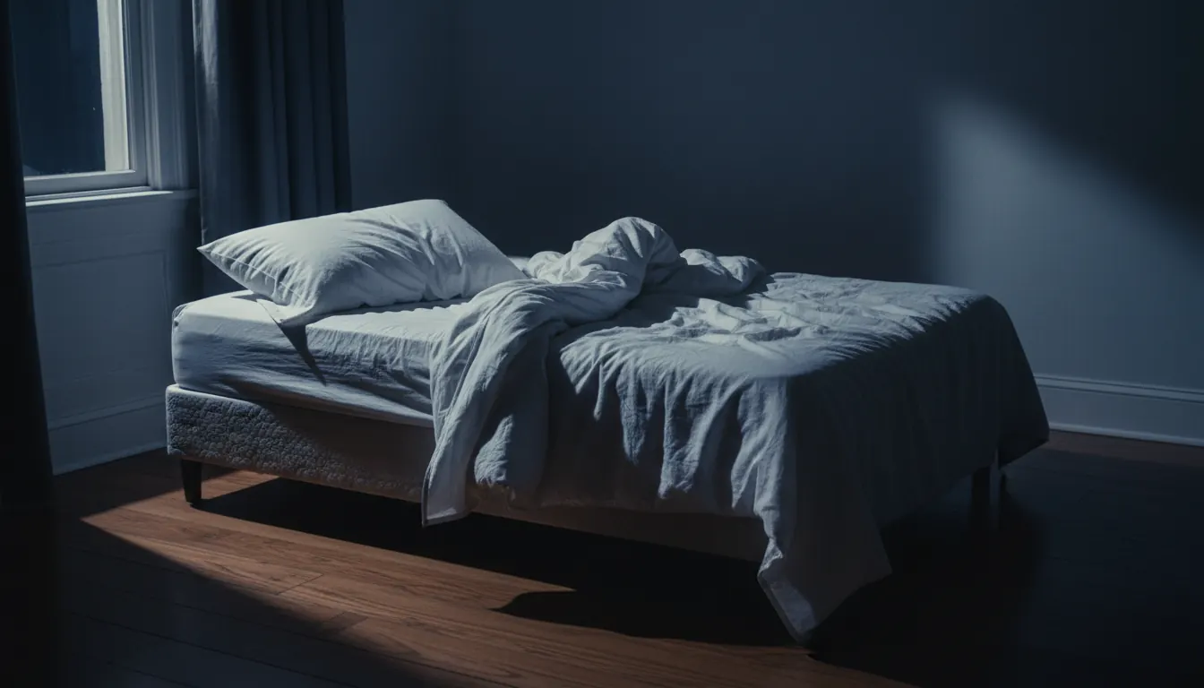 Persona en cama con sábanas revueltas y rostro tensionado bajo luz lunar fría
