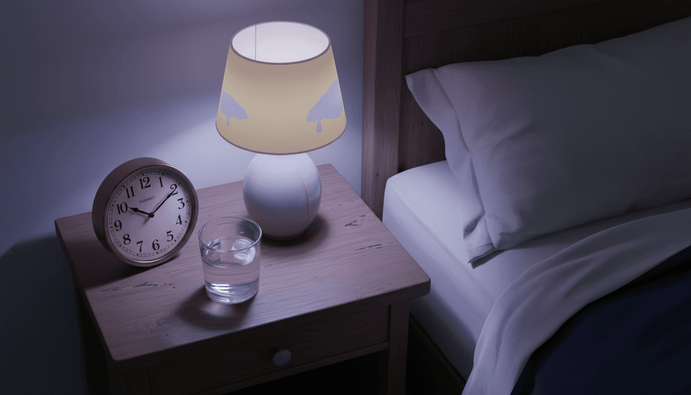 Reloj de mesa marcando las 3 de la mañana junto a una lámpara de noche apagada y sábanas revueltas