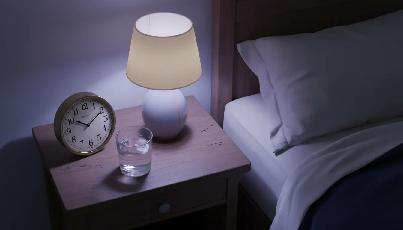 Reloj de mesa marcando las 3 de la mañana junto a una lámpara de noche apagada y sábanas revueltas