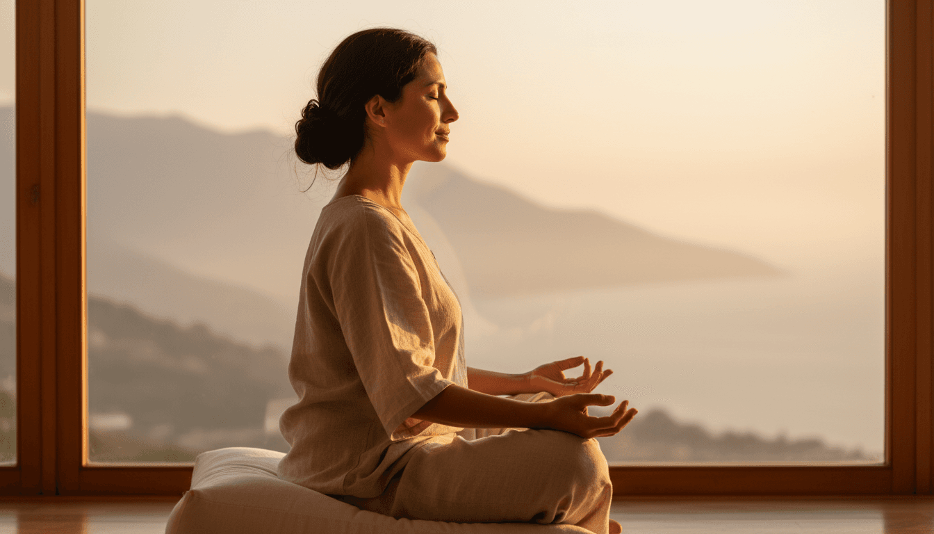Mujer adulta sentada en posición meditativa al amanecer, ojos cerrados, respirando con calma