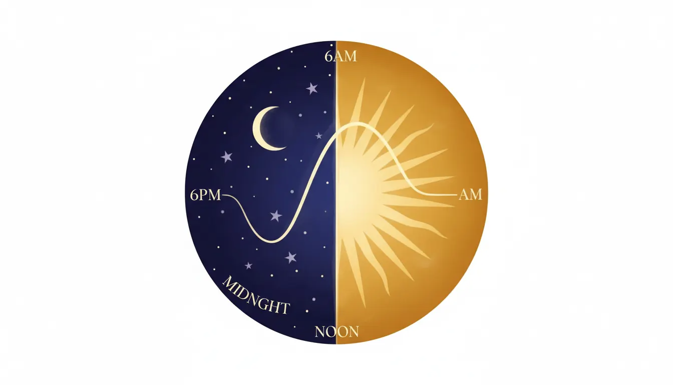 Reloj circular con sol a un lado y luna al otro sobre fondo gradiente día-noche