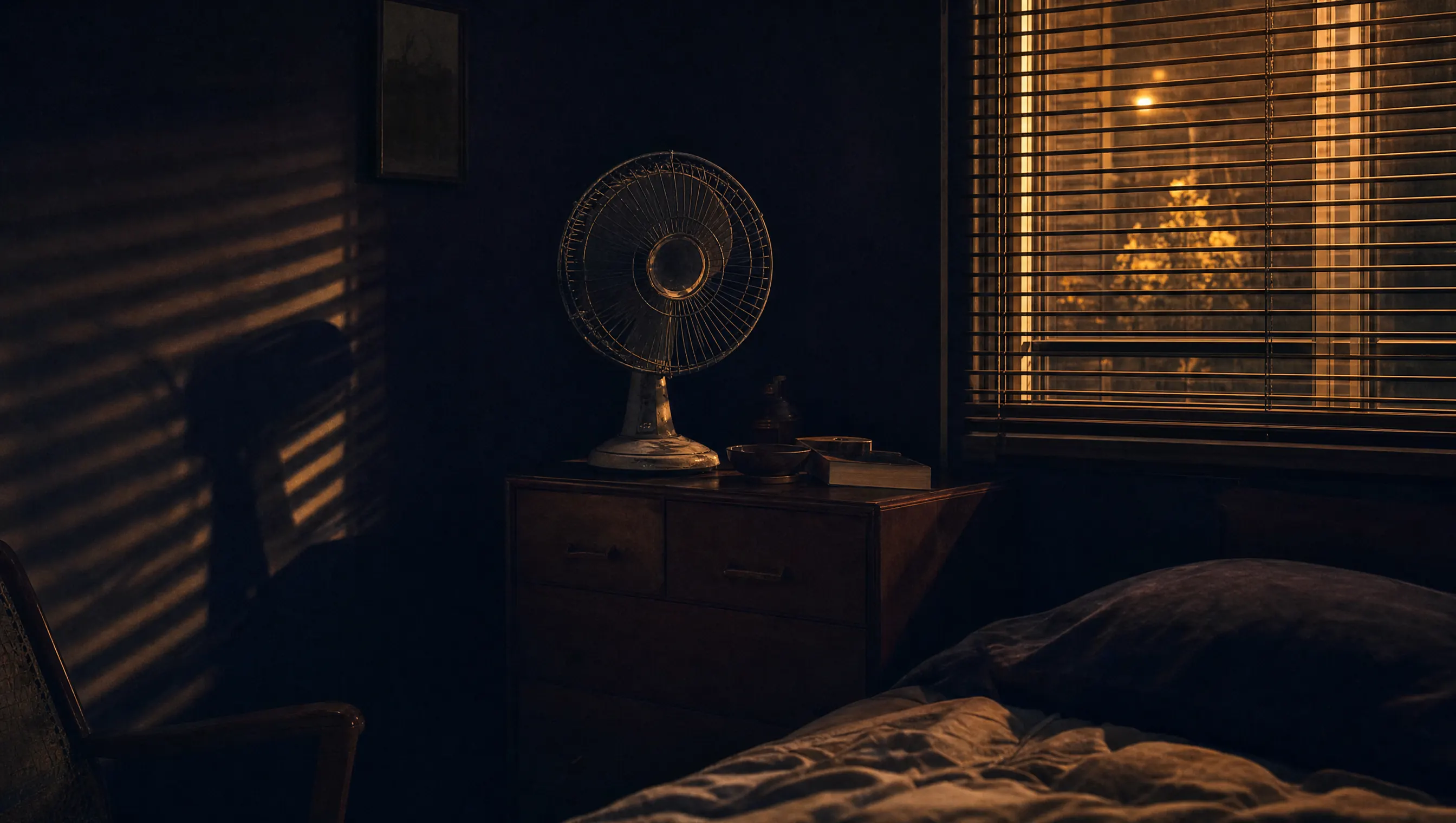 Ventilador antiguo sobre una cómoda en un cuarto oscuro, con luz tenue de calle entrando por la ventana