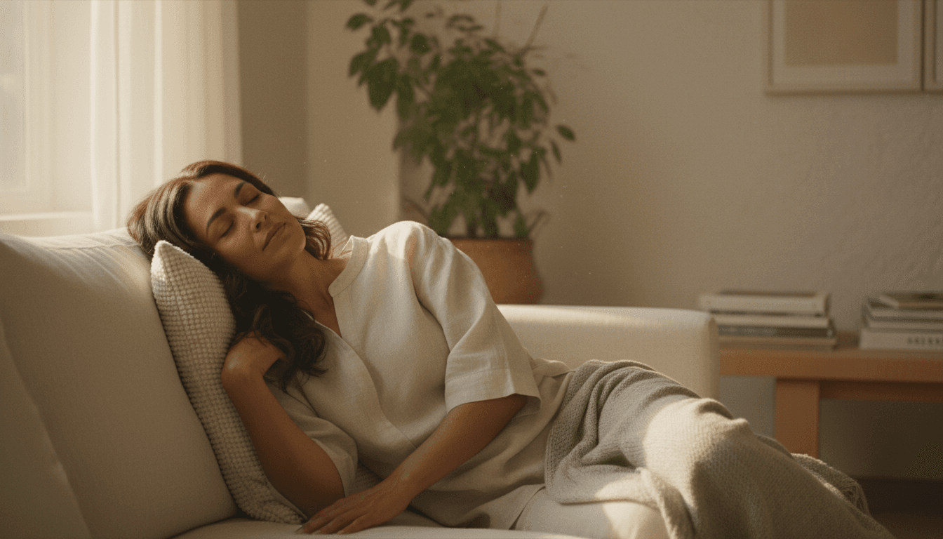 Persona descansando en sofá de lino claro con luz cálida de tarde, ojos cerrados