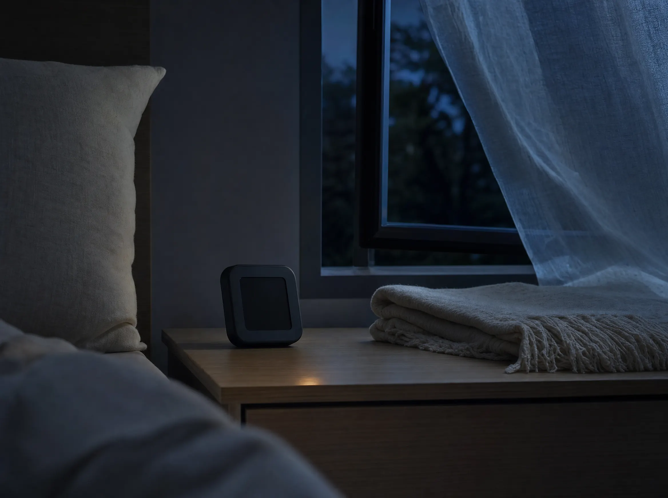 Termómetro de ambiente sobre una mesa de noche junto a una ventana entreabierta con luz de luna
