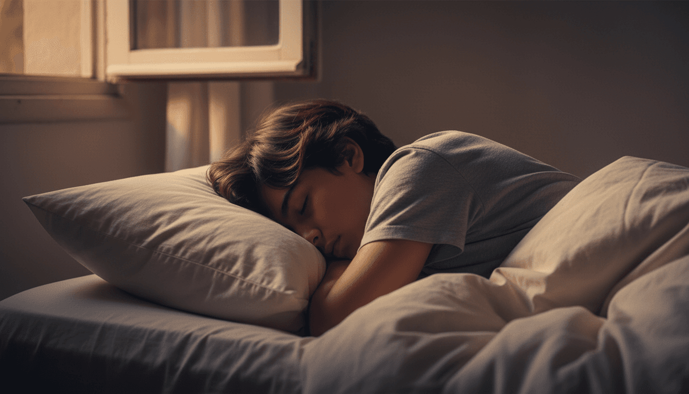 Adolescente latinoamericano dormido boca abajo en cama de lino blanco con luz cálida matinal