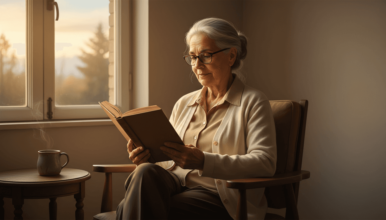 Adulto mayor latinoamericano leyendo libro junto a ventana al amanecer en cuarto cálido