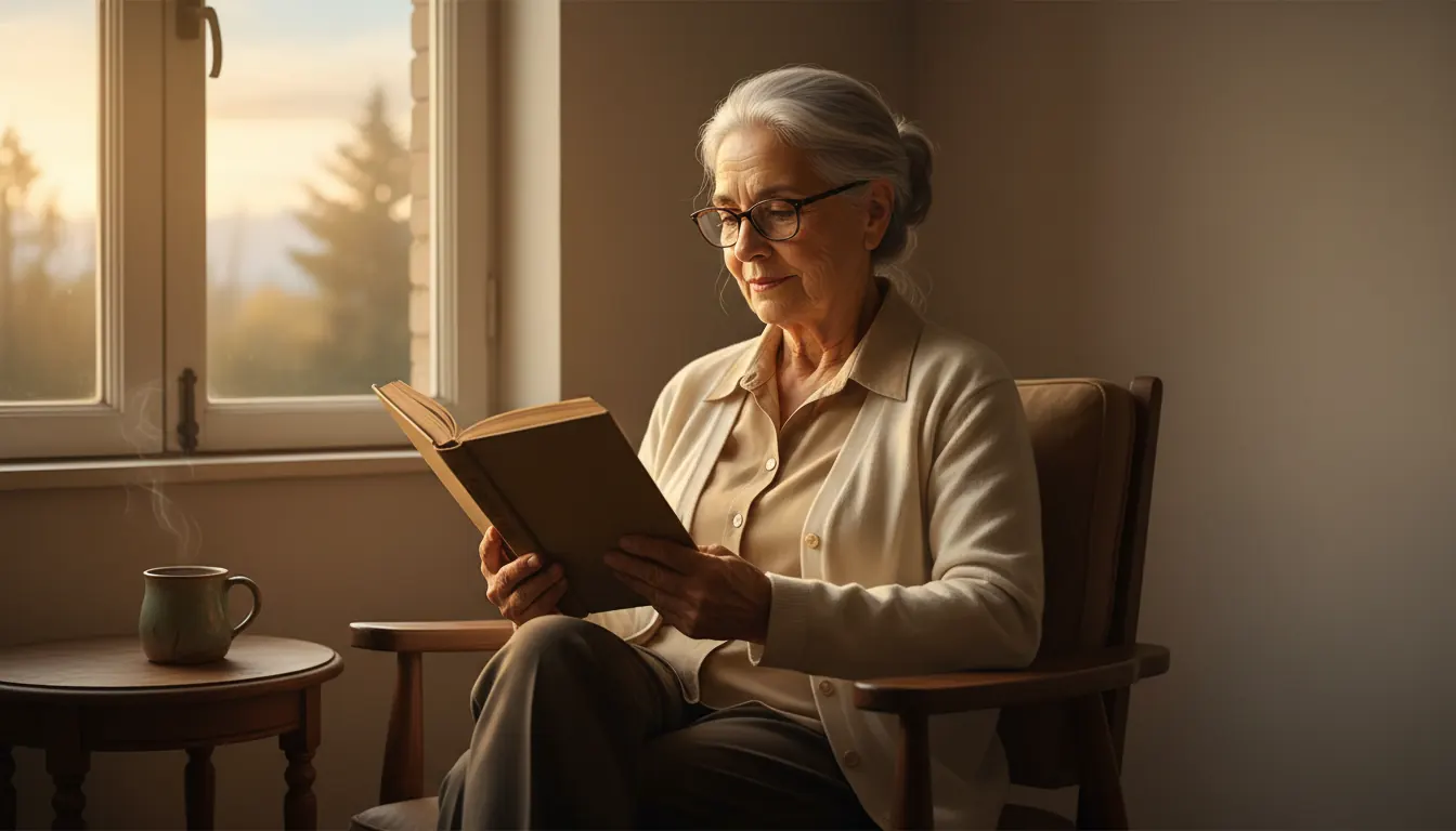 Adulto mayor latinoamericano leyendo libro junto a ventana al amanecer en cuarto cálido