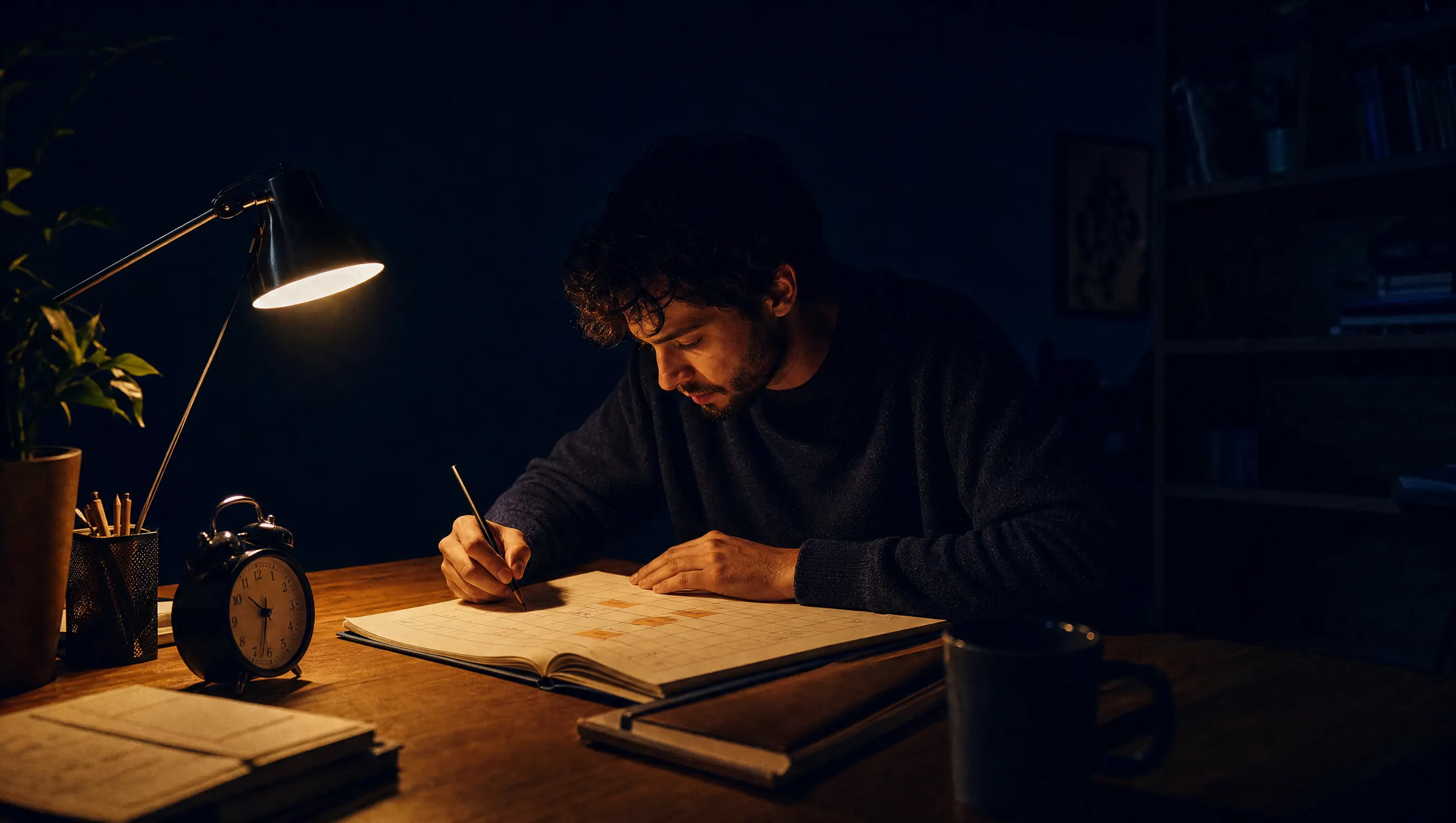 Escritorio nocturno con un reloj, una libreta y una lámpara encendida en un cuarto por lo demás oscuro