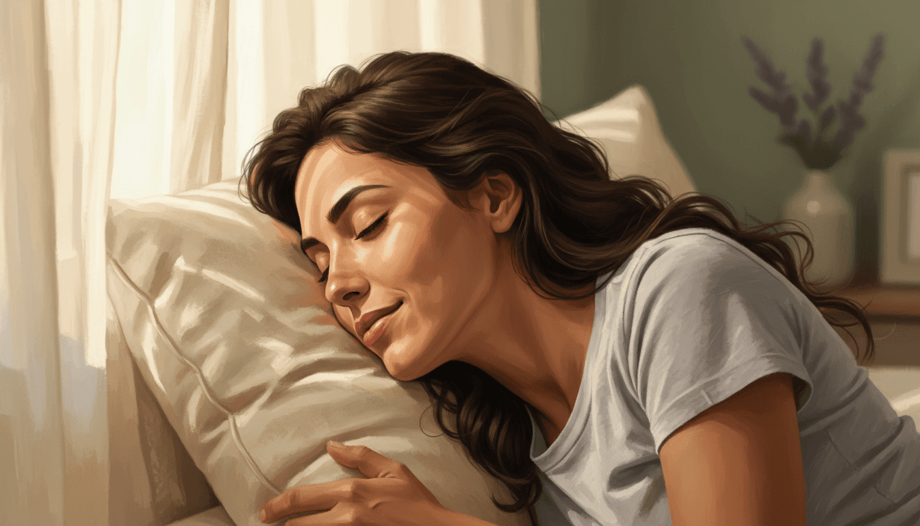 Mujer joven con ojos cerrados descansando en cama, luz cálida tenue de tarde