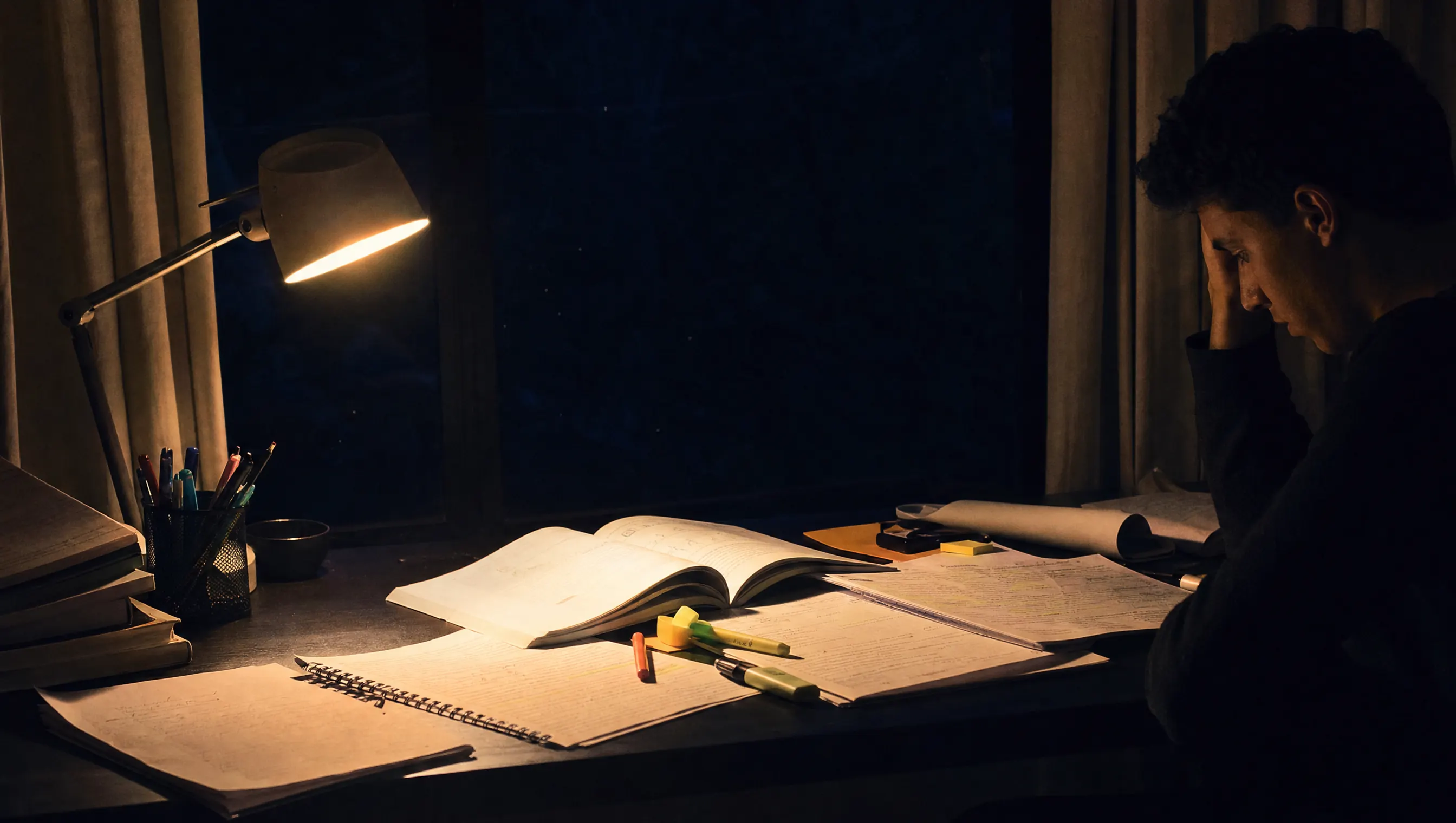 Escritorio con libros abiertos y apuntes bajo la luz de una lámpara, con la ventana oscura al fondo