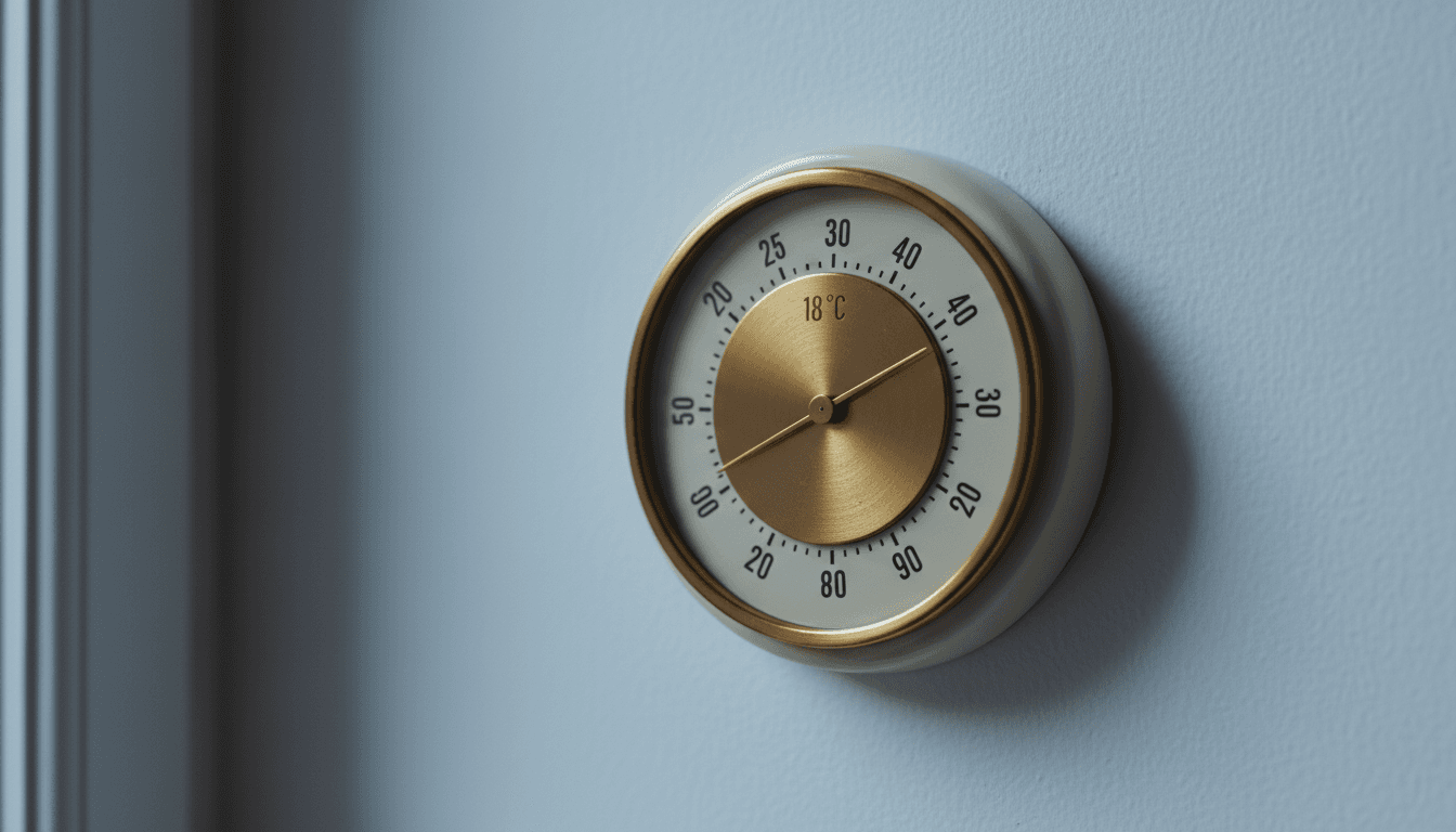 Termostato analógico vintage en pared blanca con luz suave de noche