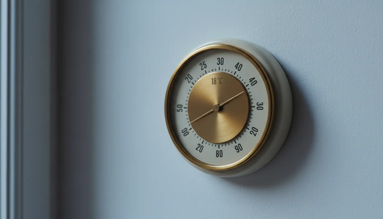 Termostato analógico vintage en pared blanca con luz suave de noche