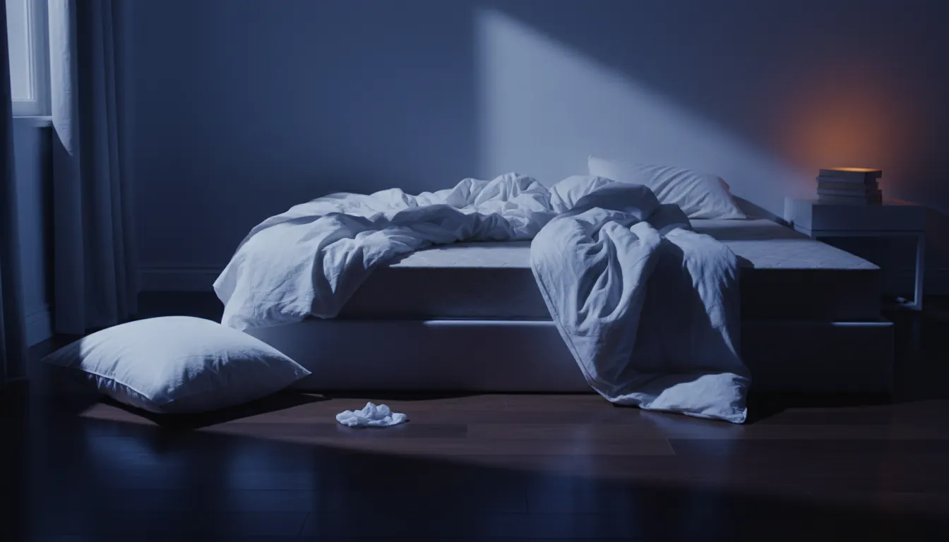 Cama deshecha en penumbra azulada con sábanas revueltas y almohada caída