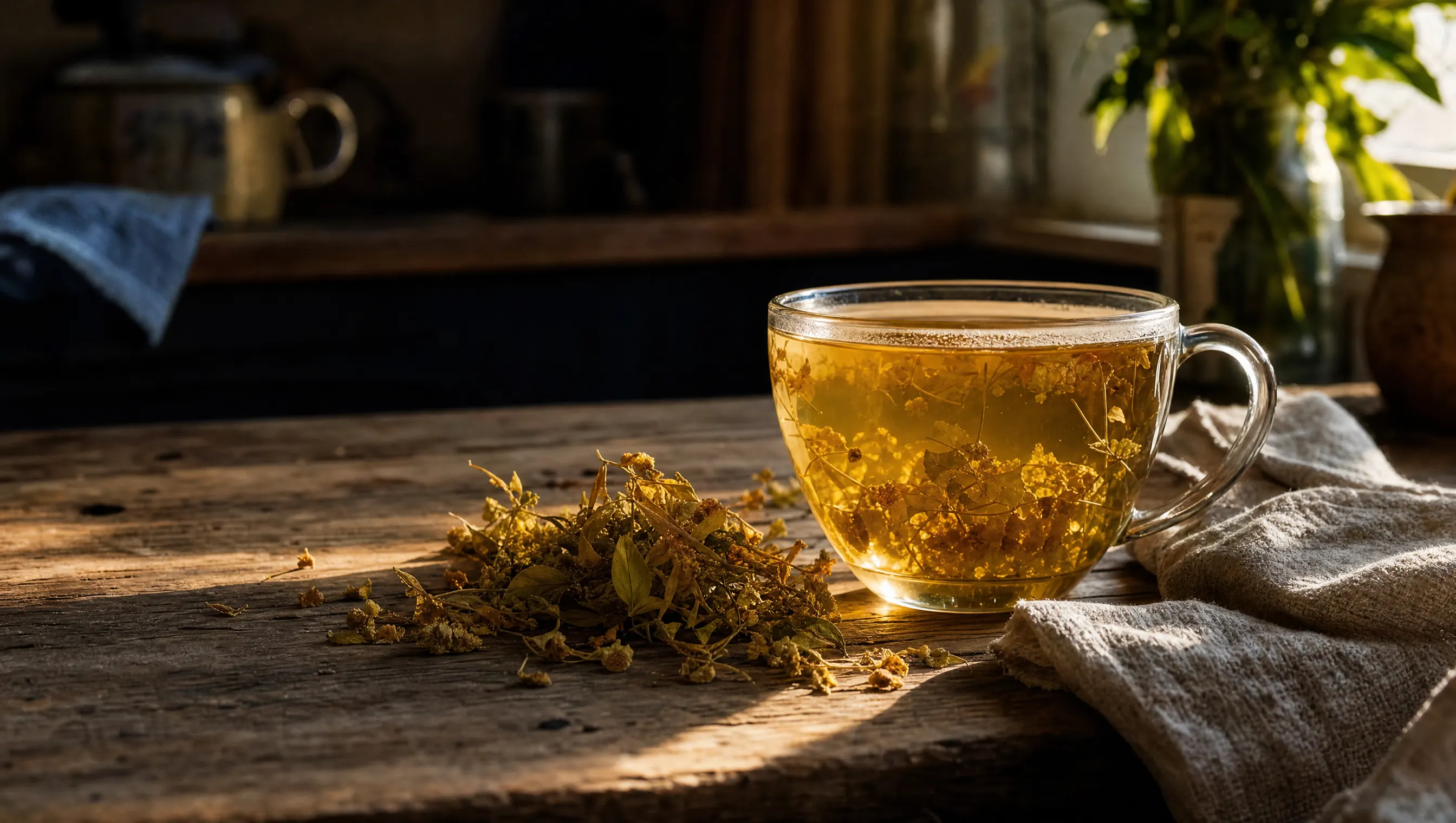 Taza de infusión clara con flores secas de tilo sobre una mesa de madera con luz cálida de tarde