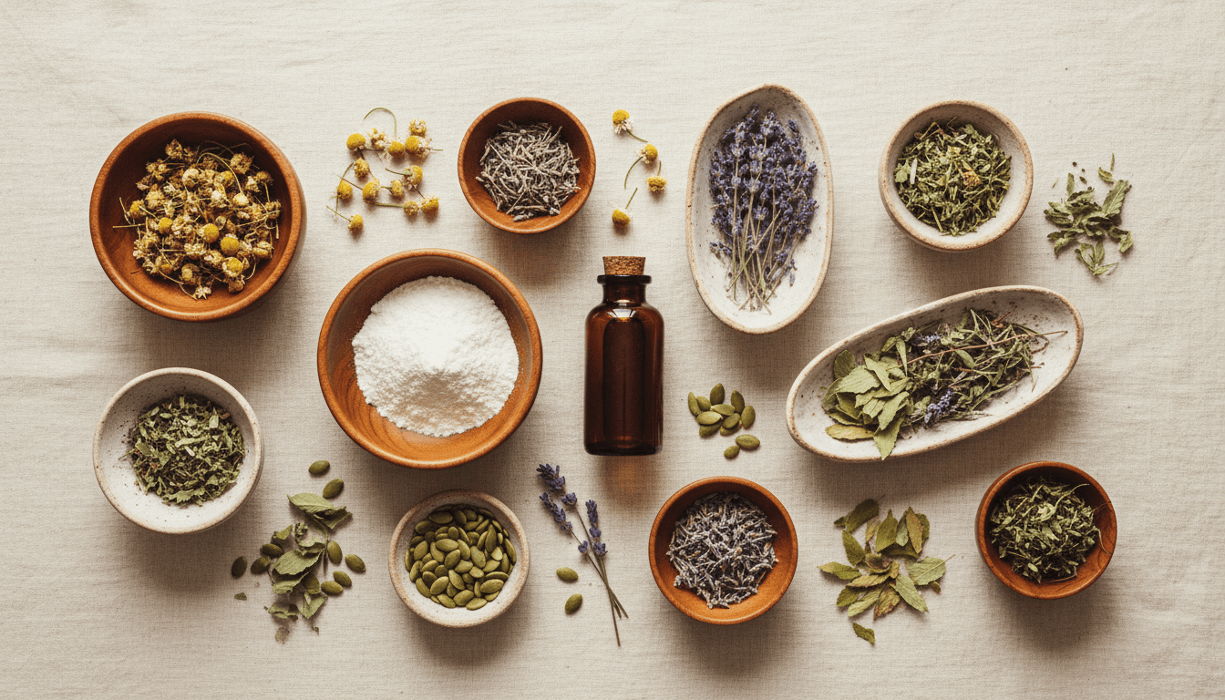 Composición de hierbas, raíces y frutos secos sobre lino crema bajo luz natural suave