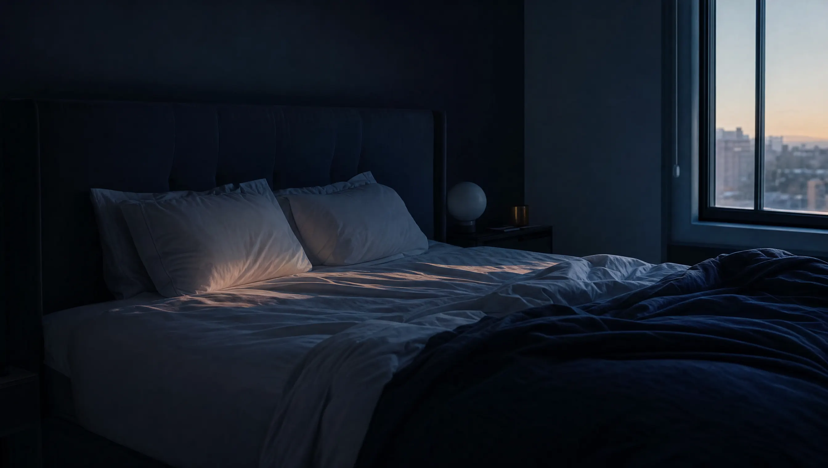 Habitación en penumbra con una cama vacía y la luz azulada del amanecer entrando por la ventana