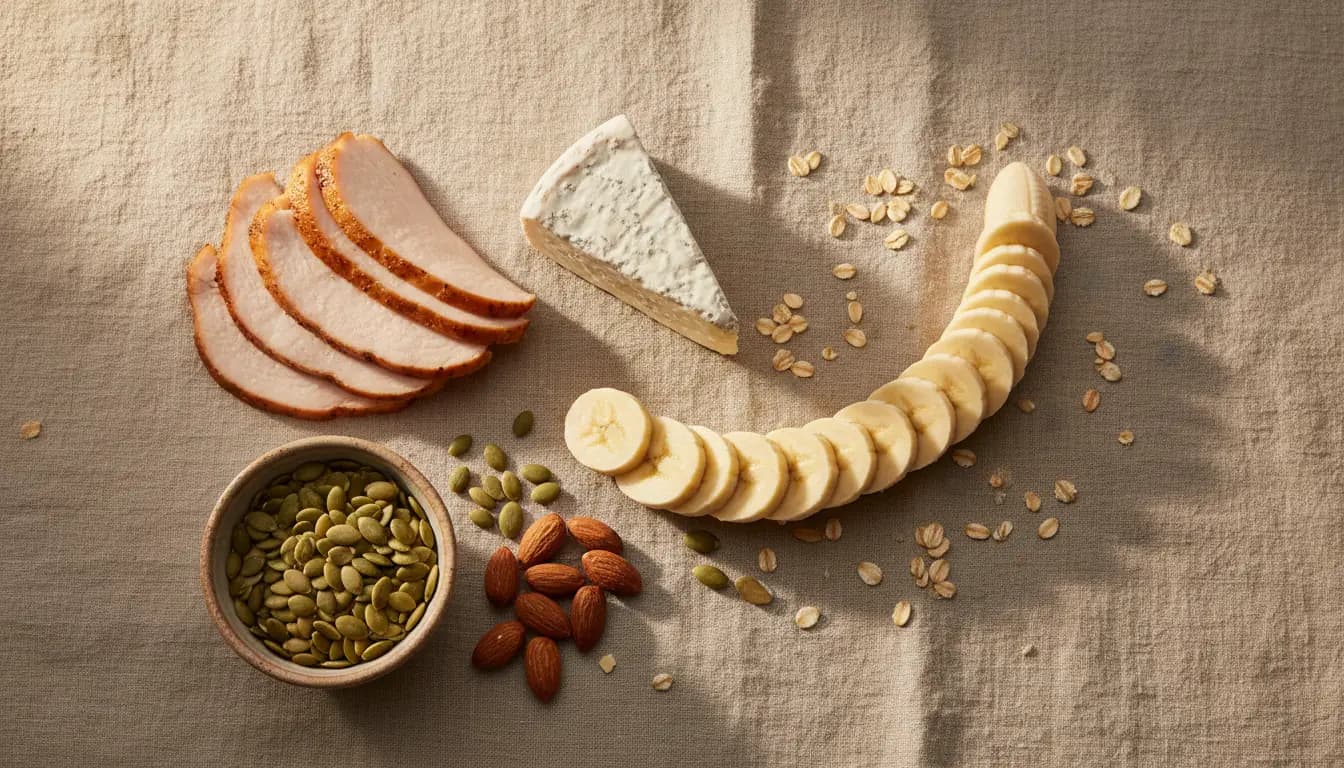 Composición editorial de alimentos ricos en triptófano (pavo, queso, almendras, plátano, semillas) sobre lino crudo