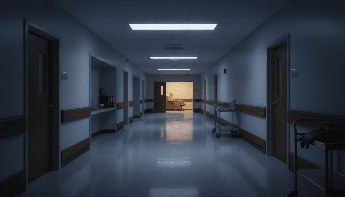 Hospital o estación de trabajo nocturna con luces frías de pasillo en penumbra