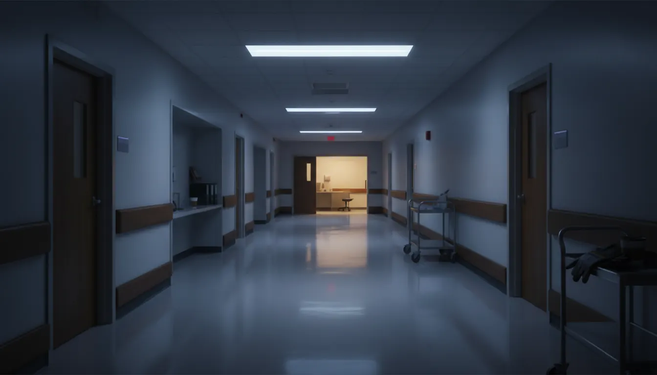 Hospital o estación de trabajo nocturna con luces frías de pasillo en penumbra