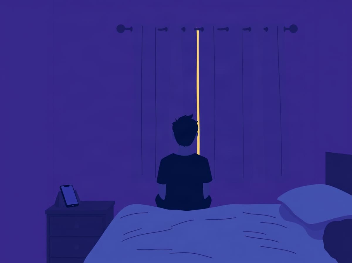 Persona de espaldas sentada al borde de la cama, con las cortinas cerradas y una línea de luz
