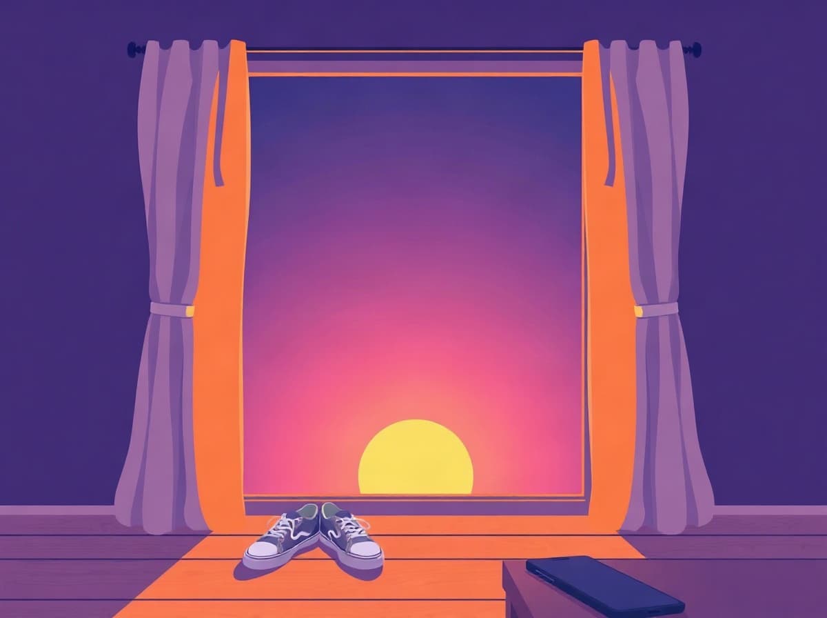 Ventana abierta al amanecer con luz sobre el piso, unos tenis y un celular boca abajo