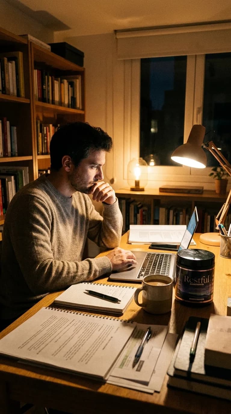 Profesional en su escritorio nocturno trabajando